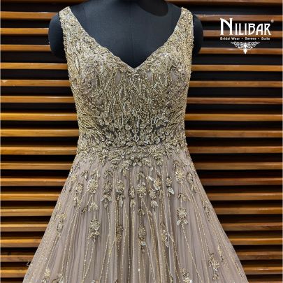 Beige Soft Net Long Flare Engagement Gown