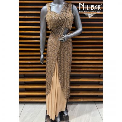 Beige Lycra Beads Work Blouse Paired With Drape Pleated Saree