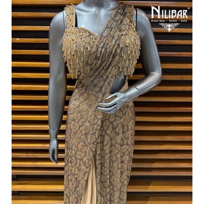 Beige Lycra Beads Work Blouse Paired With Drape Pleated Saree