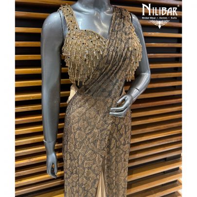 Beige Lycra Beads Work Blouse Paired With Drape Pleated Saree