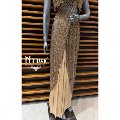 Beige Lycra Beads Work Blouse Paired With Drape Pleated Saree