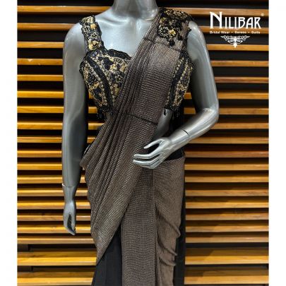Black & Copper Lycra Heavy Embroidered Blouse Paired With Pleated Drape Saree