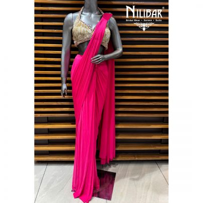 Hot Pink & Gold Georgette Heavy Embroidered Blouse Paired With Pleated Drape Saree