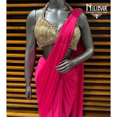 Hot Pink & Gold Georgette Heavy Embroidered Blouse Paired With Pleated Drape Saree