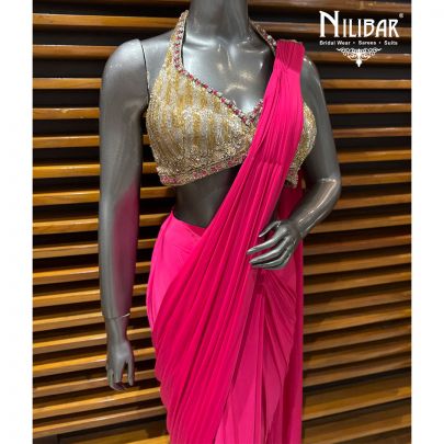Hot Pink & Gold Georgette Heavy Embroidered Blouse Paired With Pleated Drape Saree