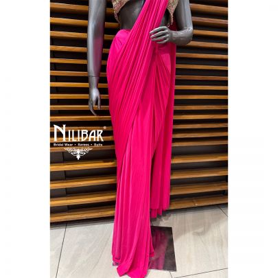 Hot Pink & Gold Georgette Heavy Embroidered Blouse Paired With Pleated Drape Saree