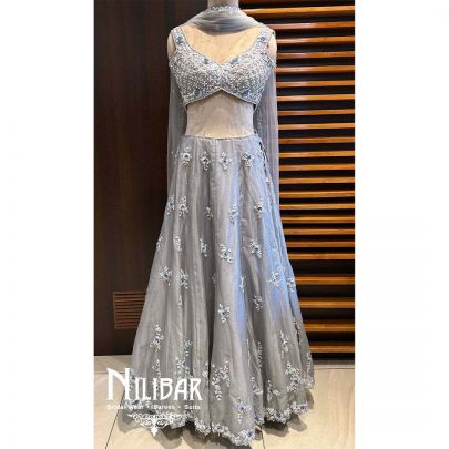 Silver Gray Organza Net Lehenga