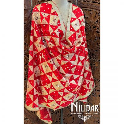 Red Crepe Embroidered Phulkari Dupatta