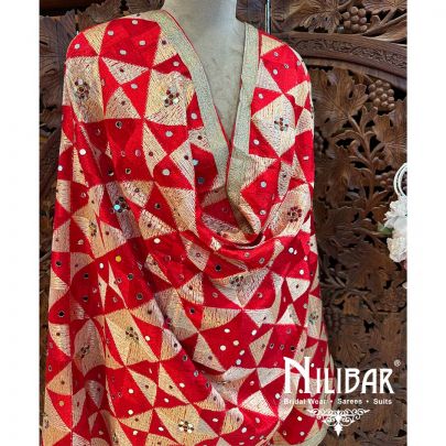 Red Crepe Embroidered Phulkari Dupatta