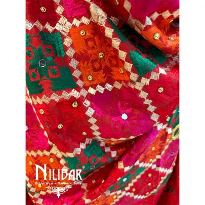 Red Crepe Embroidered Phulkari Dupatta