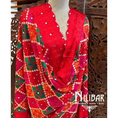 Red Crepe Embroidered Phulkari Dupatta