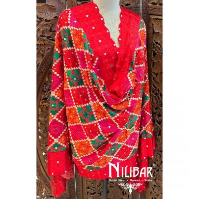 Red Crepe Embroidered Phulkari Dupatta
