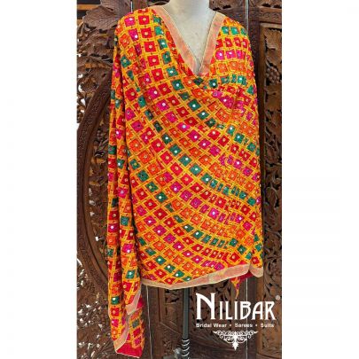 Yellow Crepe Embroidered Phulkari Dupatta