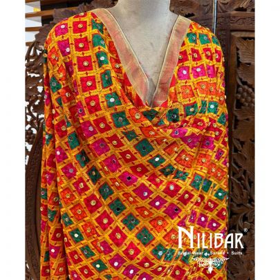 Yellow Crepe Embroidered Phulkari Dupatta