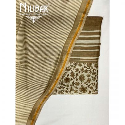 Cream & Mehandi Green Maheshwari Silk Unstitched Suit