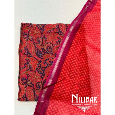 Red & Blue Maheshwari Silk Unstitched Suit