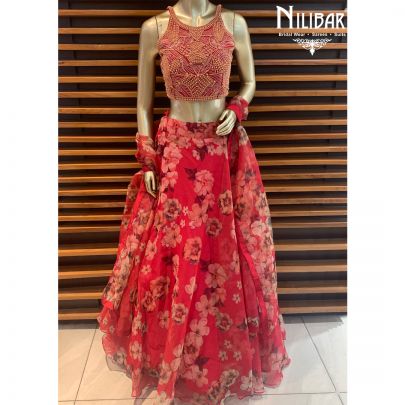 Red Organza Floral Lehenga