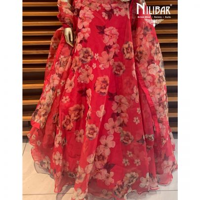 Red Organza Floral Lehenga