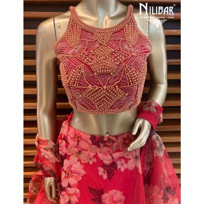 Red Organza Floral Lehenga