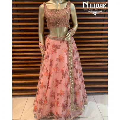 Peach Organza Floral Lehenga