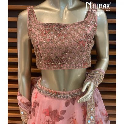 Peach Organza Floral Lehenga