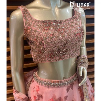 Peach Organza Floral Lehenga