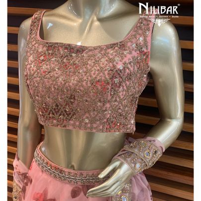 Peach Organza Floral Lehenga