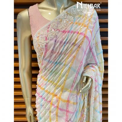 White Striped Georgette Saree
