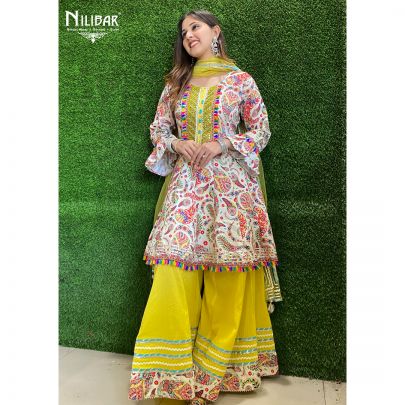 White Yellow Cotton Palazzo Suit
