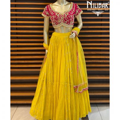 Hot Pink Mustard Georgette Lehenga
