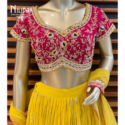 Hot Pink Mustard Georgette Lehenga