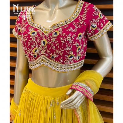 Hot Pink Mustard Georgette Lehenga
