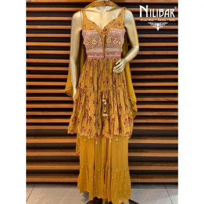 Mustard Chinon Peplum Sharara Suit