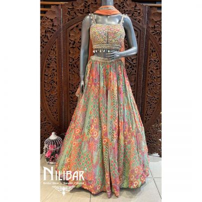 Green & Orange Georgette Net Lehenga