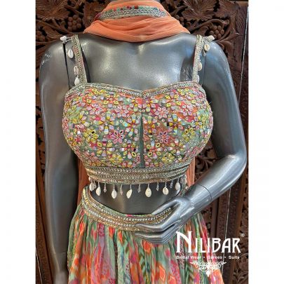Green & Orange Georgette Net Lehenga