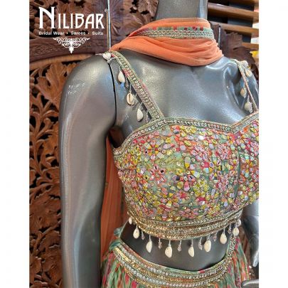 Green & Orange Georgette Net Lehenga