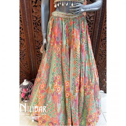 Green & Orange Georgette Net Lehenga