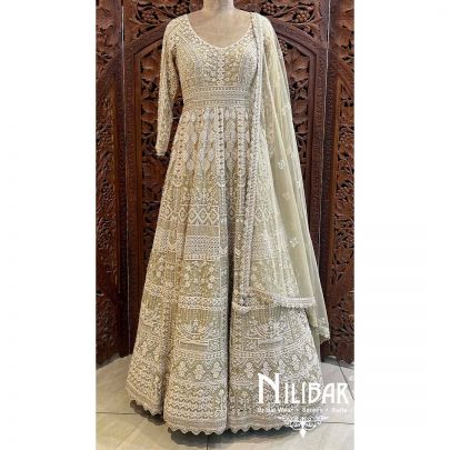 Pista Green Net Sequin Gown
