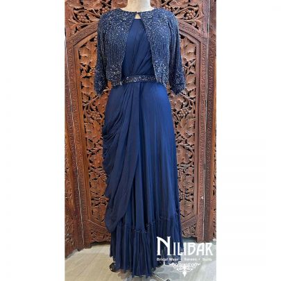 Navy Blue Chinon Sequin Gown