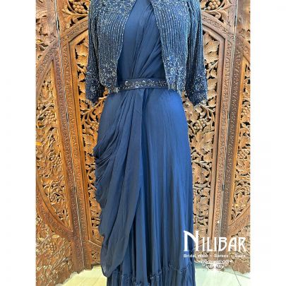 Navy Blue Chinon Sequin Gown