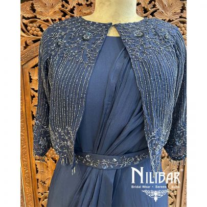 Navy Blue Chinon Sequin Gown