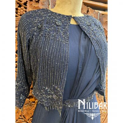 Navy Blue Chinon Sequin Gown