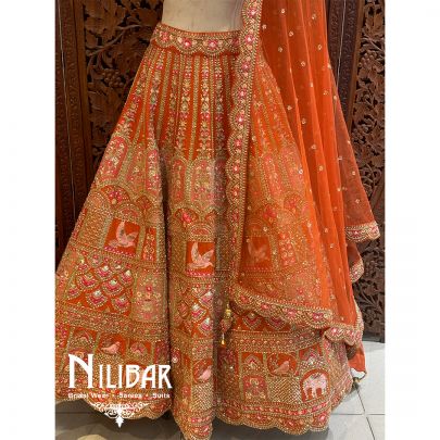 Rust Orange Silk Net Bridal Lehenga