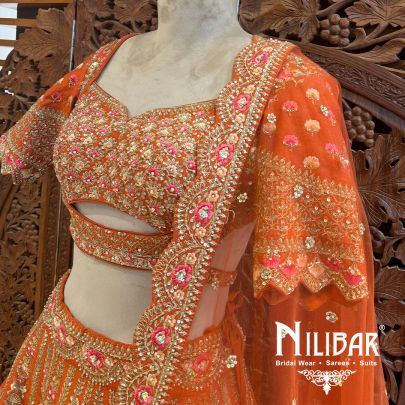 Rust Orange Silk Net Bridal Lehenga