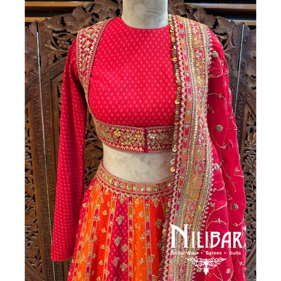 Red Orange Silk Net Bridal Lehenga