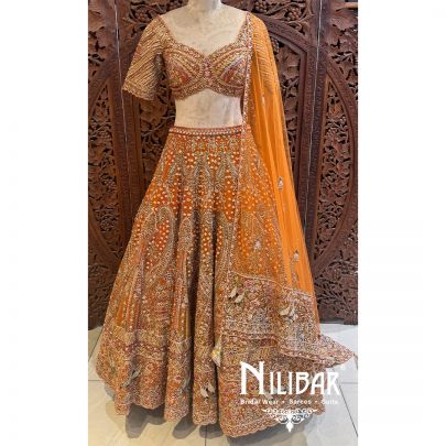 Rust Orange Net Bridal Lehenga
