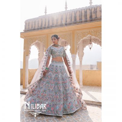 Ice Blue Organza Embroidered Bridal Lehenga