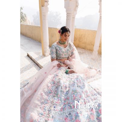 Ice Blue Organza Embroidered Bridal Lehenga