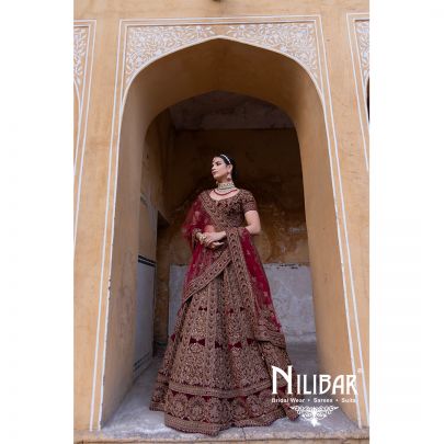 Mehroon Velvet Embroidered Bridal Lehenga