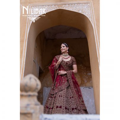 Mehroon Velvet Embroidered Bridal Lehenga